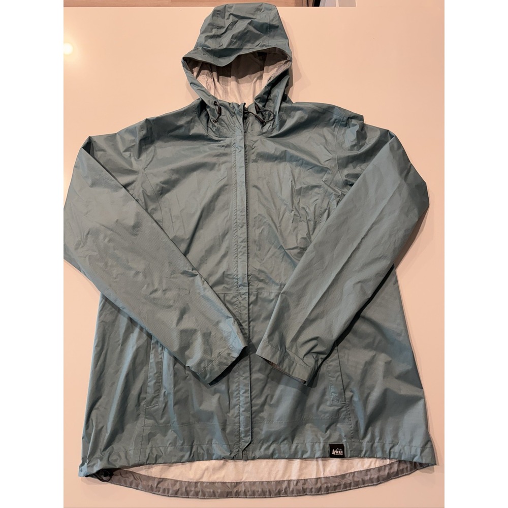 REI Co-op Men's Rain Jacket XL Hooded Full Zip Hiking Outdoor Blue-Green